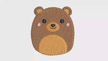 Load and play video in Gallery viewer, Omar the Bear squish stuffy embroidery design
