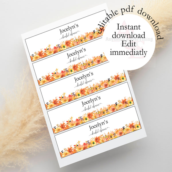 Fall/Autumn Bridal Shower Editable Waterbottle Label Download